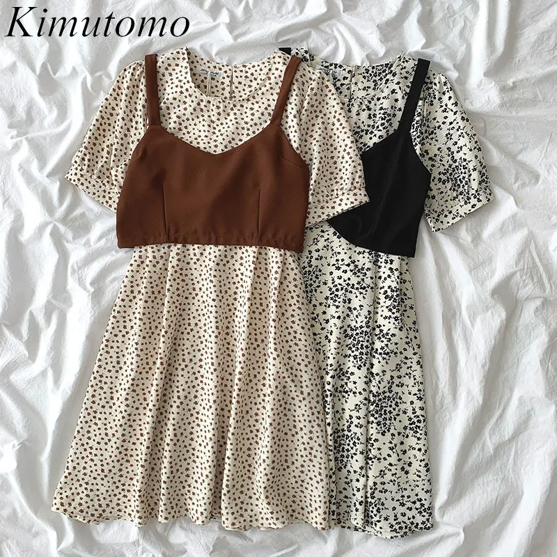 Kimutomo 패션 여성들이 여름 한국어 세련 된 2 피스 블랙 캐미솔과 우아한 긴 소매 O 넥 플로랄 드레스 210521