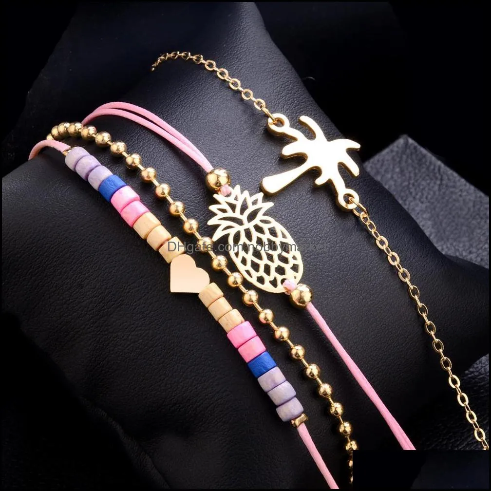 5 Pcs/Set Boho Women Pineapple Tassels Dreamcatcher Heart Coconut Tree Chain Bead Leather Bracelet Set Charm Fashion Accessories