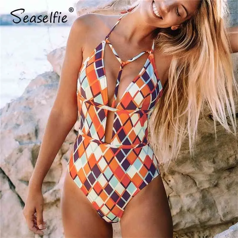 SEASELFIE Geometrischer Druck Tiefer V-Ausschnitt Halter Badeanzug Frauen Sexy Cut Out Monokini Strand Badeanzug Bademode 210630