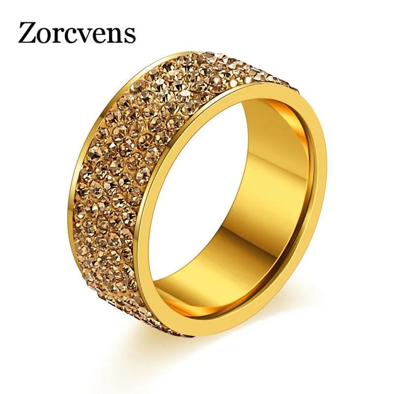 Anillos de clúster zorcvens moda al por mayor brillante anillo de acero inoxidable de diez rianas para mujer joyas de cristal de lujo