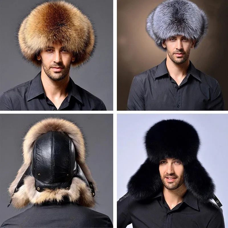 Mens Fashion Fur And Lamb Raccoon Bomber Russian Fur Hat Winter