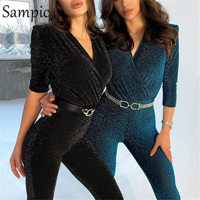 Sampi Shoulder Pads Skinny Black Sexy Jumpsuit Toppar Kvinnor Övergripande 2021 V Neck Party Club Wrap Rompers och Kvinnliga Kvinnors Jumpsuits