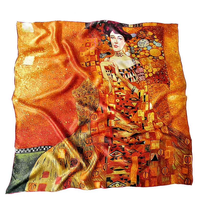 春100％天然シルクスカーフ女性Gustav Klimt油絵Adele Bloch-Baue Bandana Foulard Femme Square Shawls Nallps 90cm