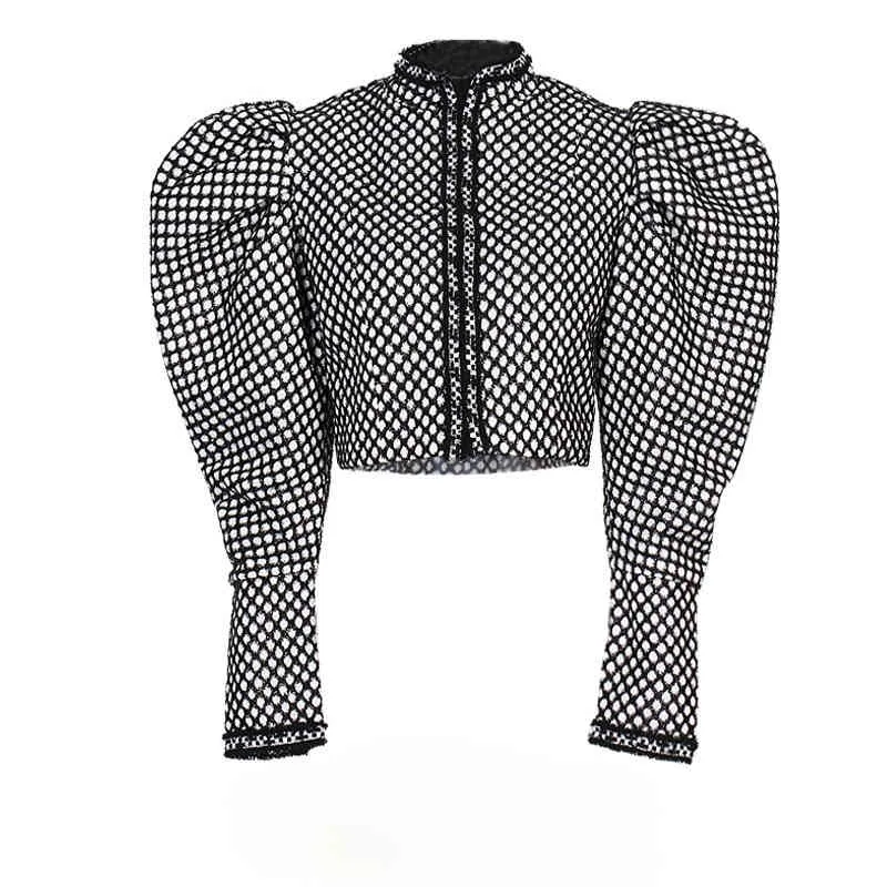 Chic Ulicy Style Dot Print Crop Kurtki Damskie Wiosenne Rękaw Puff Sleeve Stand Collar Silm Płaszcze Casual All-Mecz Kobiece Topy 210525