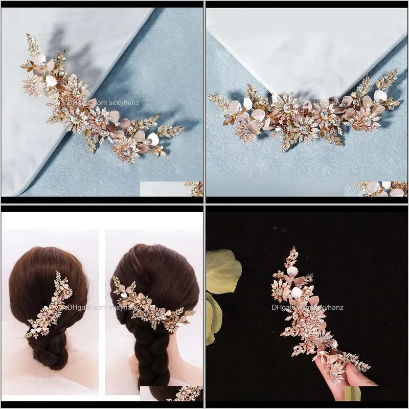 bride wedding hair grip handmade rhinestone hairpin retro gold flower leaves hair clip headpeice headband accessories vl