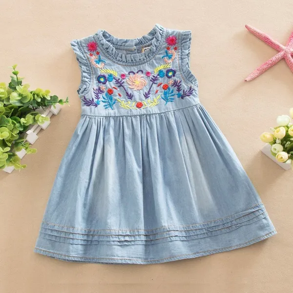 Aile Coelho Meninas Denim Denim Princesa Vestido Bordado Sem Mangas Alta Qualidade Casual Confortável Roupas Infantil K1 Q0716