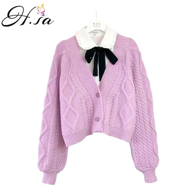 H.SA Femmes Chic Court Style Crop Knit Cardigans Col V Long Twisted Poncho Lanterne Manches Pull Manteau 210417
