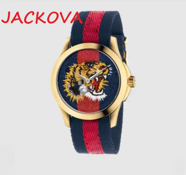 Högkvalitativ VK Factory Quartz Movement Famous Brand Watch Women Män Bee Snake Tiger Mönster Nylon Tyg Läderbälte Par CLA299U