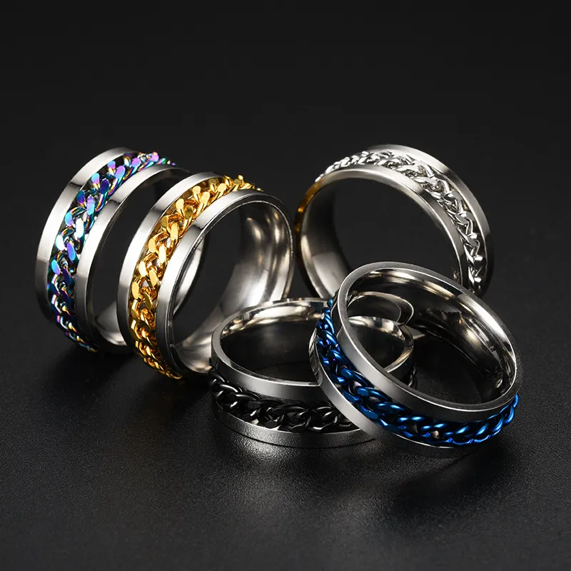 Cool Stainless Steel Rotatable Men Couple Ring Spinner Chain Rotable Rings Punk Women Man Jewelry for Party Gift