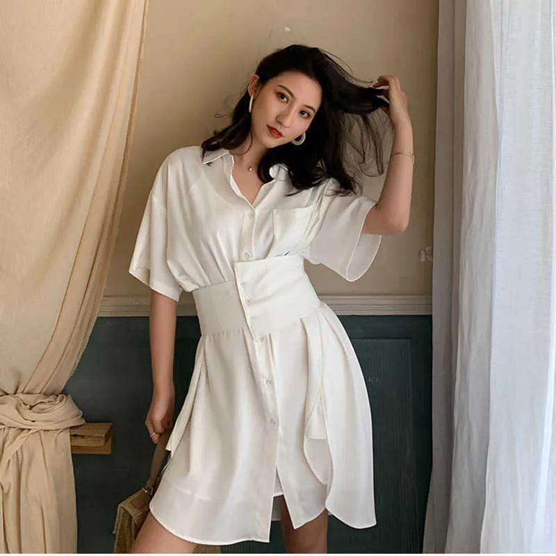 Modern Lady Shirt Dress With Belt Summer Turn down Collar Flare Sleeve High Waist Split Satin Dresses Trendy Streetwear Vestidos 210608