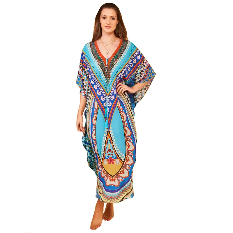 Bohemian Kaftan Beach Tunika Bawełna Cover Up Saida De Praia Swimsuit Kobiety Bikini Coverup Pareo Sarong Beachwear