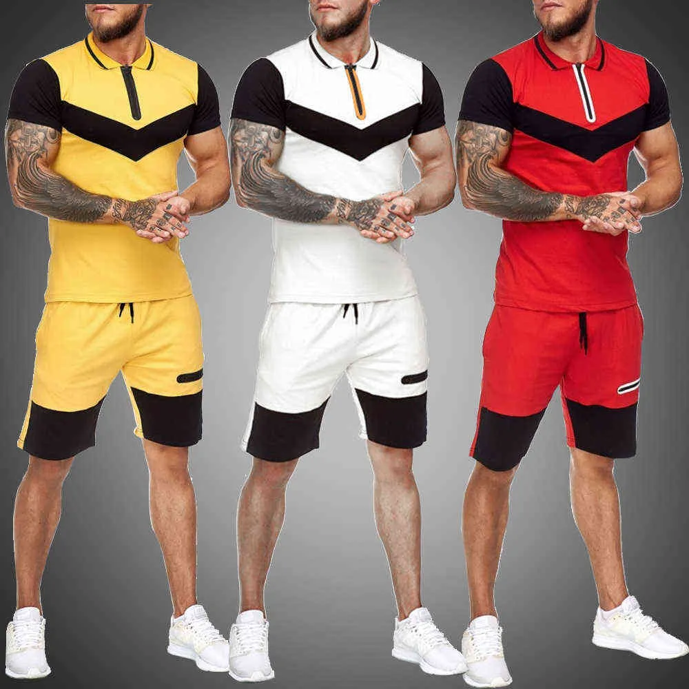 Hommes survêtement deux pièces hommes vêtements été à manches courtes chemise ensemble été survêtement vêtements de sport hommes ensembles Colorblock 2020 nouveau X0702