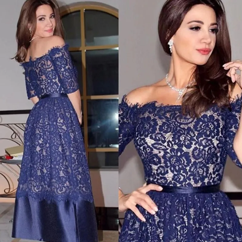 Royal Blue Backless Mother of the Bride Prom Dresses Plus Size Half Sleeves Lace Mother Gown Evening Party Dress