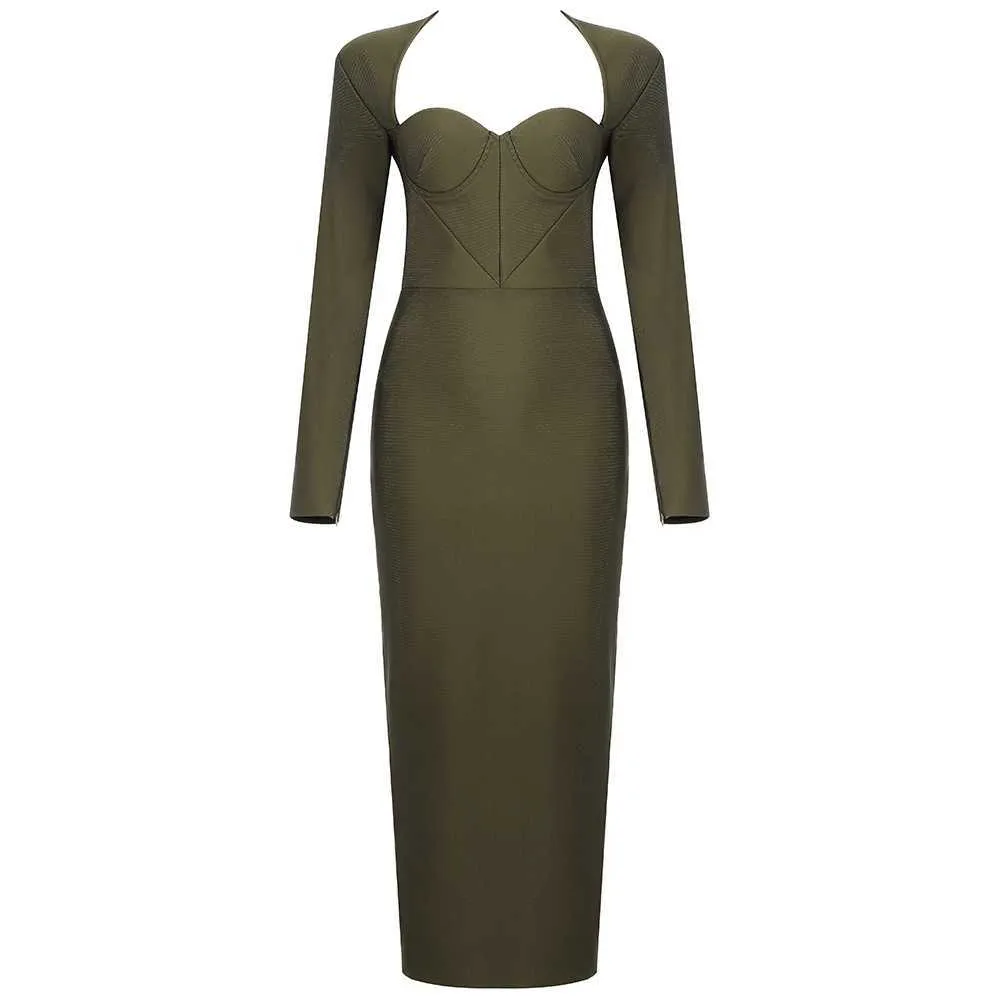 Ocstrade Runway Mode Olive Green Långärmad Bandage Klänning Vinter Kvinnor Midi Bodycon Club Party 210527