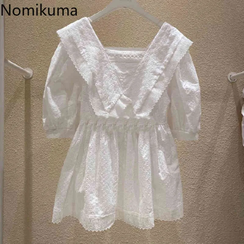 Nomikuma camicetta stile coreano donna vita sottile scollo a V maniche a sbuffo camicie in pizzo patchwork chic top estate Blusas Mujer 210514