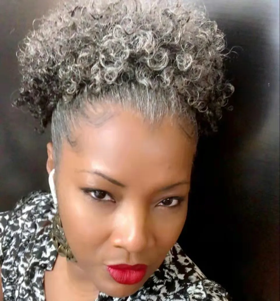 African american Silver Grey Hair Afro Puff Kinky Curly ponytails human extension natural curly updos salt pepper gray pony tail Bun hairpiece