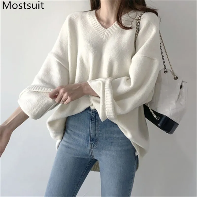 Корейский негабаритный V-образным вырезом вязаный пуловер свитер Женщины зима с длинным рукавом свободные моды дамы топы перемычки Femme 210513