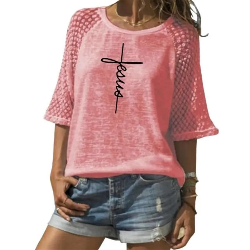 Mode Lace Crew Neck T-shirt Tro Brev Skriv ut T-tröja för kvinnor T-shirt Kvinnor Plus Storlek Kvinna Tumblr Roliga Sommar Toppar 210401