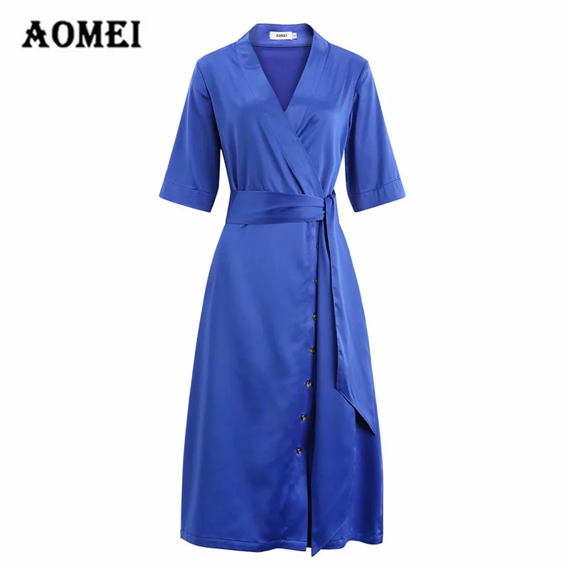 Femme robe demi manches bleu dames une ligne taille haute avec ceintures col en V robes décontractées couleur unie printemps été mode 210416