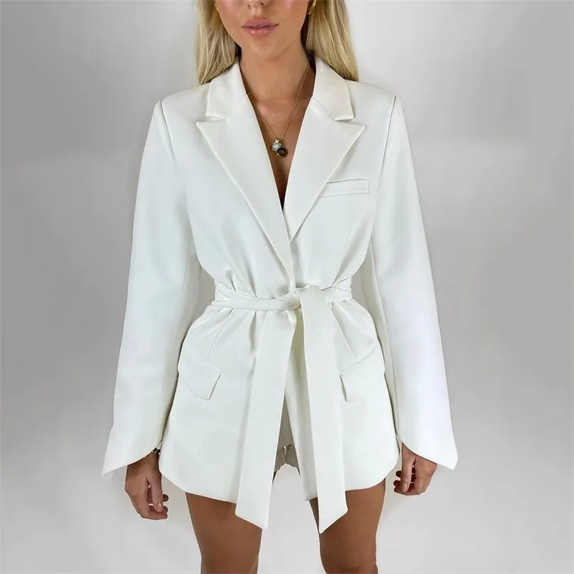 Office Ladies Blazer Dress Women Suits with Belt Outerwear Women's Jackets Long Sleeve Elegant White Black Jacket Female 211019