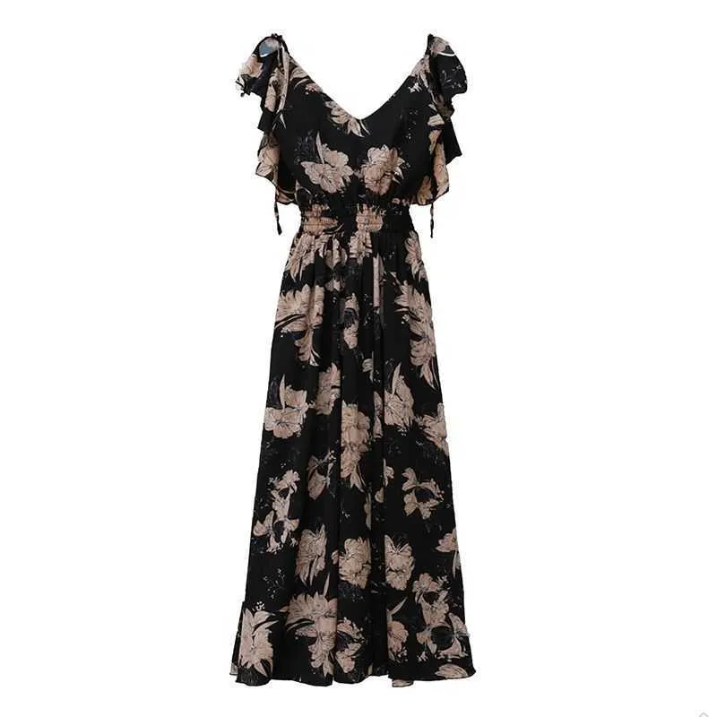 Misschien u zwart wit v-hals riem backless ruche mouwloze maxi lange jurk floral print zomer chiffon strand roeping D0571 210529