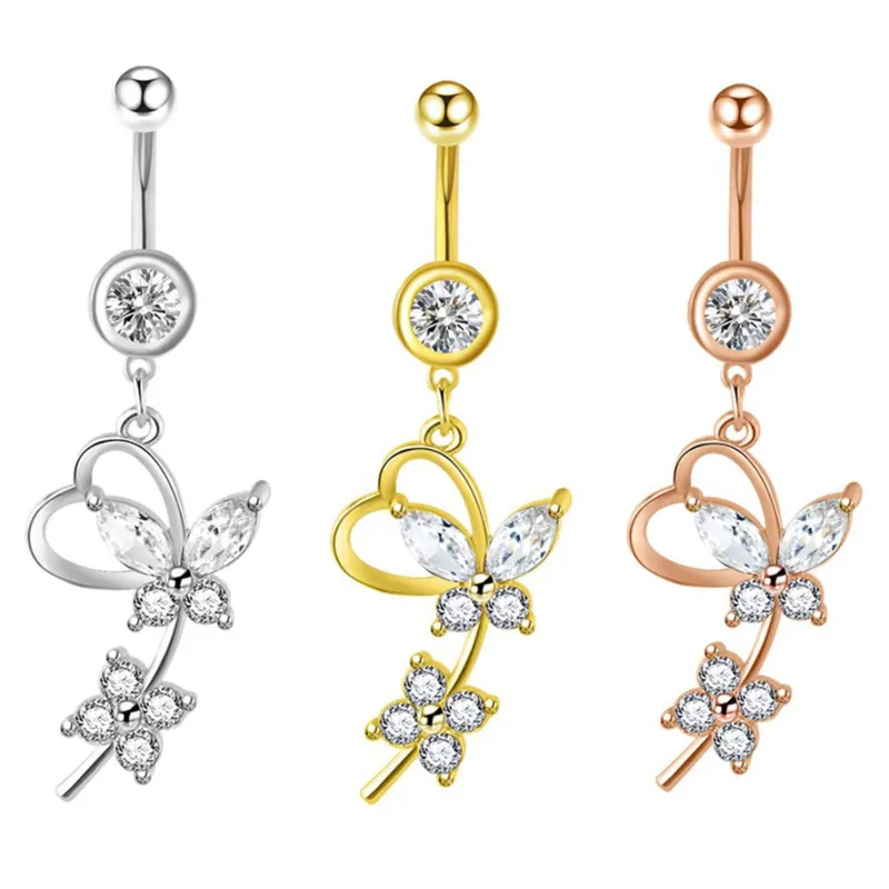 CZ Body Piercing Jewelry Dangle Butterfly Belly Button Ring Stainless Steel Flower Navel Barbell