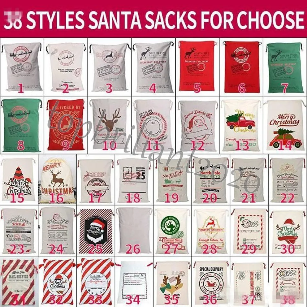 US Stock Christmas Santa Sacks Canvas Cotton Bags Stora Ekologiska Tunga Dragskjorta Presentväskor Personifierad Festival Party Juldekoration