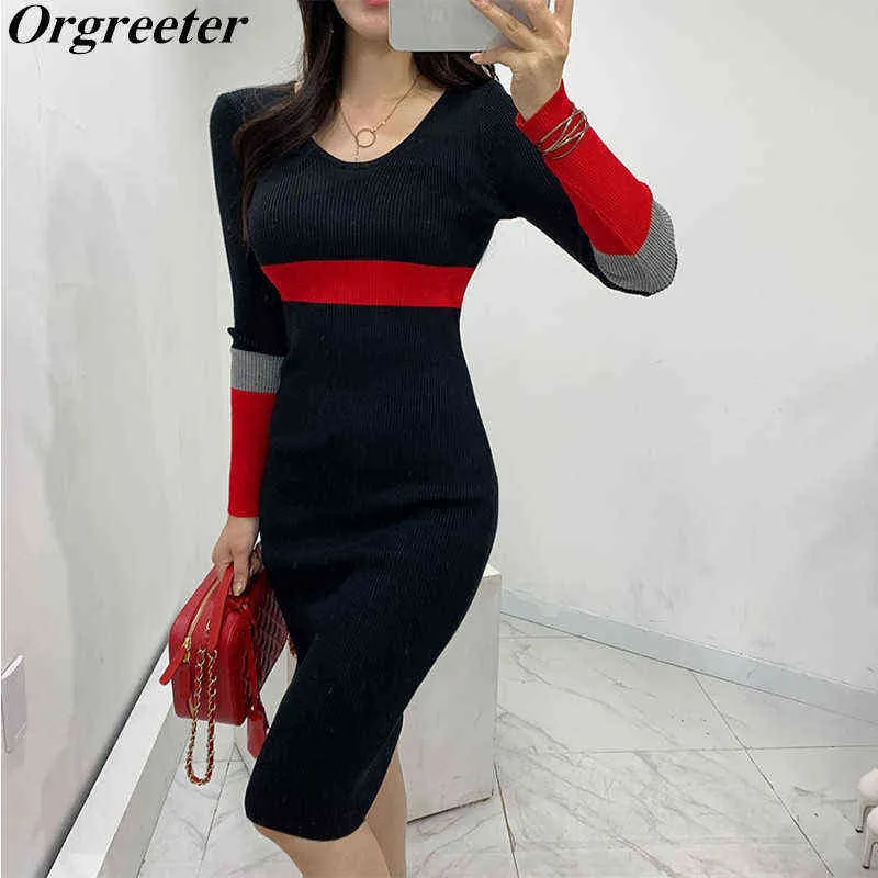 2019 New Fall Winter Sweater Dress Women Fashion V-neck Full Sleeve Color Patchwork Sheath Knitted Dress Vestidos Female G1214