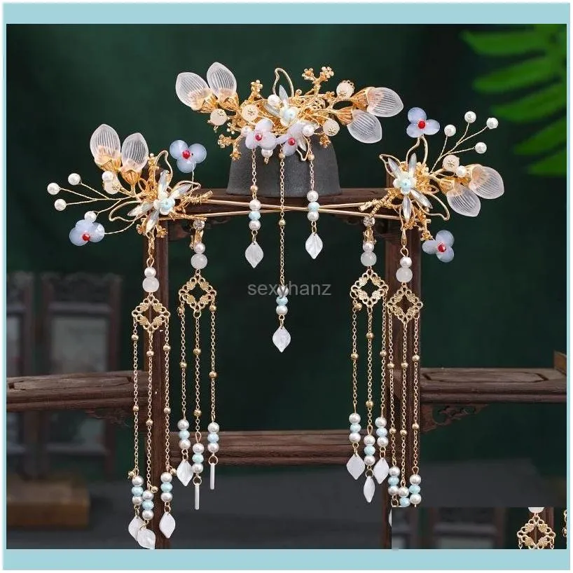 Hanfu headdress hairpin comb earrings wedding set dragonfly tassel hair accessories handmade antique accessories Jewelry set