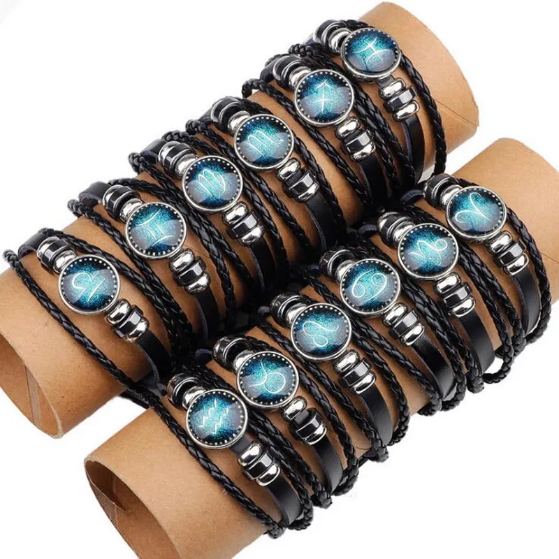 Pulsera de 12 constelaciones Virgo/Sagitario/Acuario/Escorpio/Libra/Capricornio Pulseras de cuero trenzado Brazaletes para hombres y mujeres