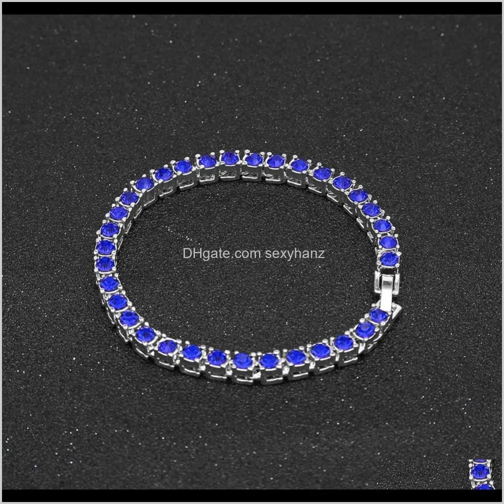 hip hop iced out 1 row tennis bracelets full color white red blue black rhinestones gold silver color fashion jewelry