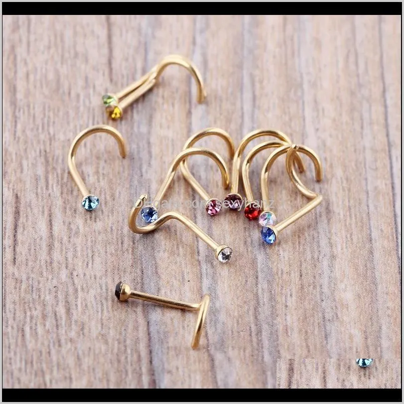 mix colors rhinestone nose studs screw ring bone bar body piercing jewelry gold silver nose pin