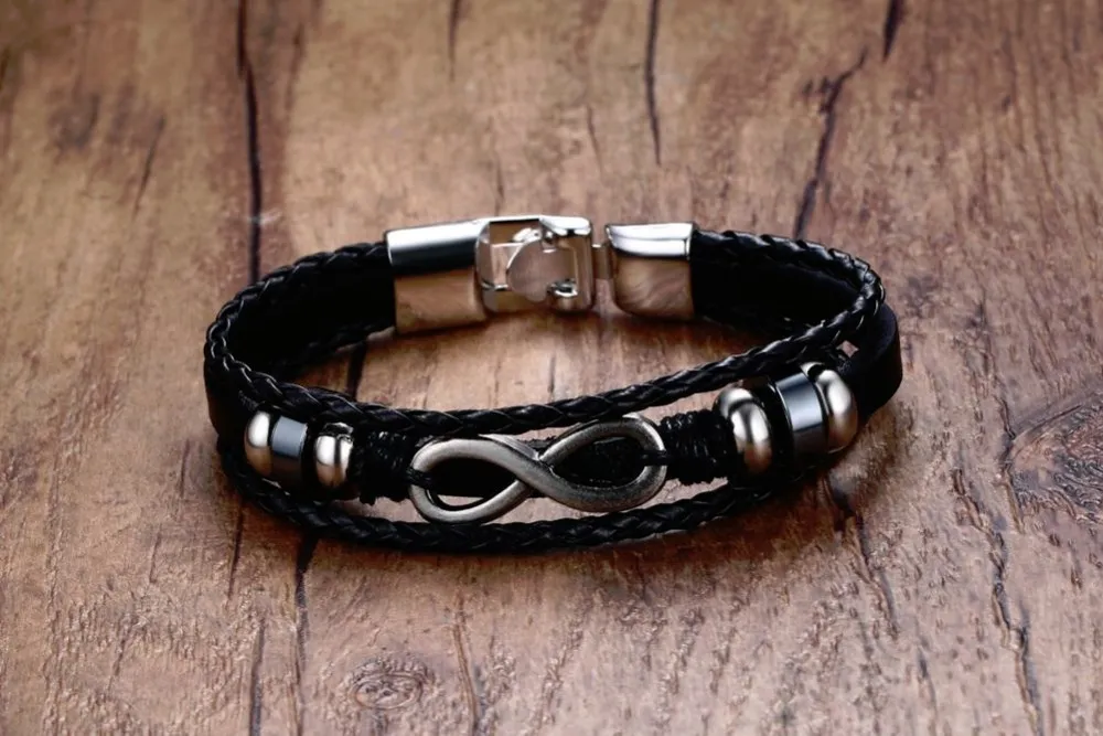 Mens Womens Bracelets Multistrand Leather Braided Rope Bracelet Infinity & Hematite Beaded Men Jewerly Wristband Wraps Bangle Vintage Jewelry Accessories Pulseira Masculina 18