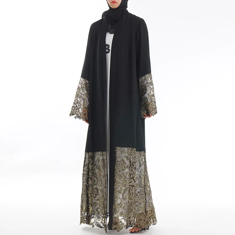 Black Lace Kimono Abaya Dubai Turkish Islam Hijab Muslim Dress Kaftan ...