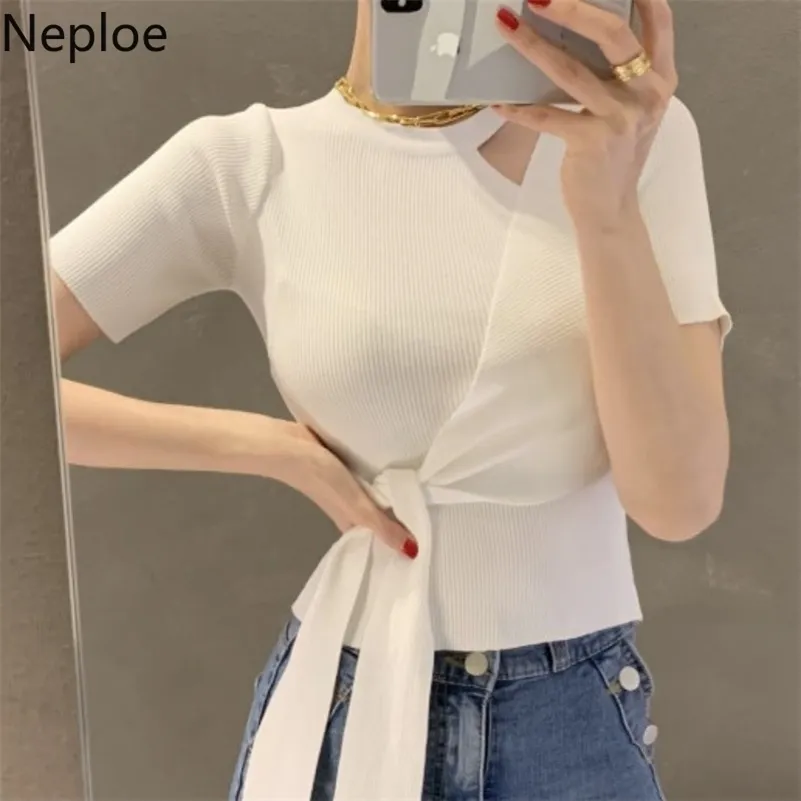Neploe Sommer Hemd O Hals Kurzarm Solide Gestrickte T-shirt Frauen Koreanische Unregelmäßige Aushöhlen Schlanke Taille Spitze-up mode Tops 210422