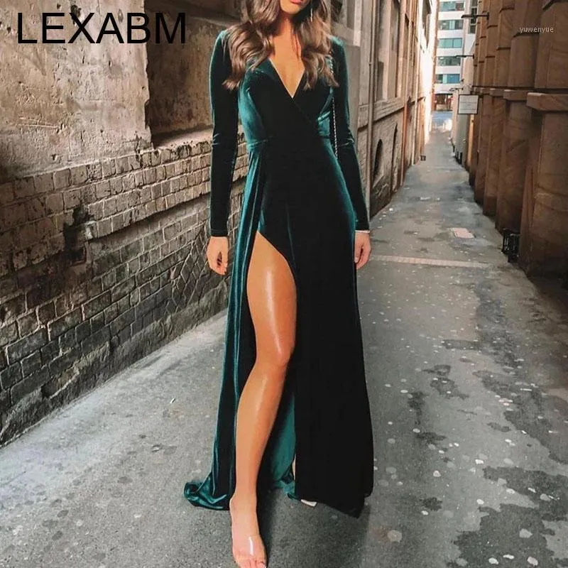 Robes décontractées Automne Hiver Velours Maxi Robe Femmes Soirée Soirée Bal Solide Col En V À Manches Longues Longueur De Plancher Robes Nigthclub