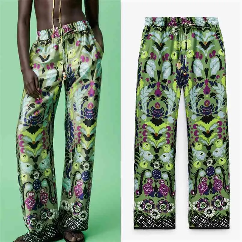 TRAF ZA Geniş Pantolon Kadınlar Için Yeşil Baskı Kadın Vintage Gevşek Yüksek Bel Pantolon Kadın Yaz Rahat Pantolon Streetwear 210915