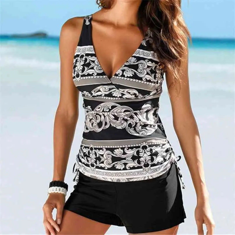 Zweiteilige Badebekleidung Damen Plus Size Tankini Badeanzüge mit Shorts V-Ausschnitt Tankinis Set Badebekleidung Schwarzer Print Badeanzug 2XL 210611