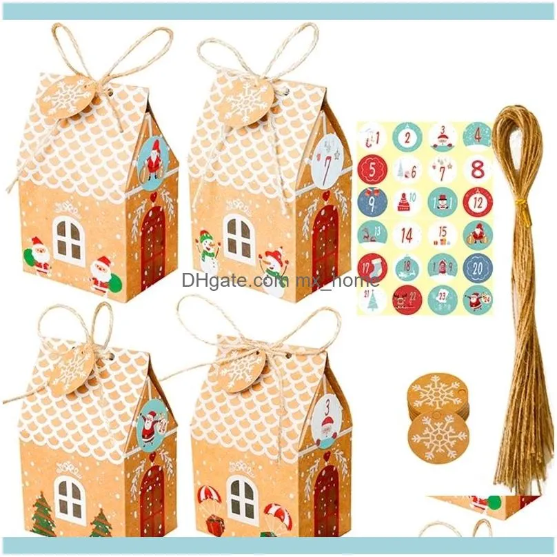 24 Sets Christmas House Gift Box Kraft Paper  Candy Bag Snowflake Tags 1-24 Advent Calendar Stickers Hemp Rope Party Supp