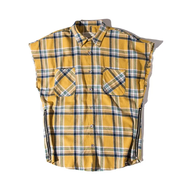 Fashion Brand Plaid shirt Men Hip hop sleeveless Shirts Mens side zipper shirtcamisa masculina swag Plus Size281k