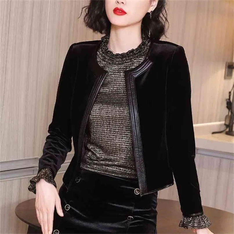 Black velvet small short style jacket women spring long-sleeved cardigan top o neck solid 210922