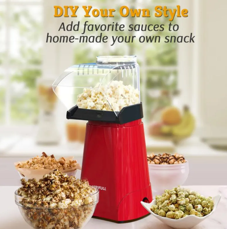 Bakning av konditorivaror 1200W Hot Air Poppers Machine Electric Popcorn Maker Mätkopp 3 min Fast Popping ETL Certifierad Oljefri 98% Poping Pris Great For Home Movie