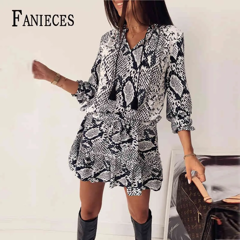 Elegant 3 4 Sleeve Snake Print Summer Mini Dress Drawstring Casual Loose Dresses