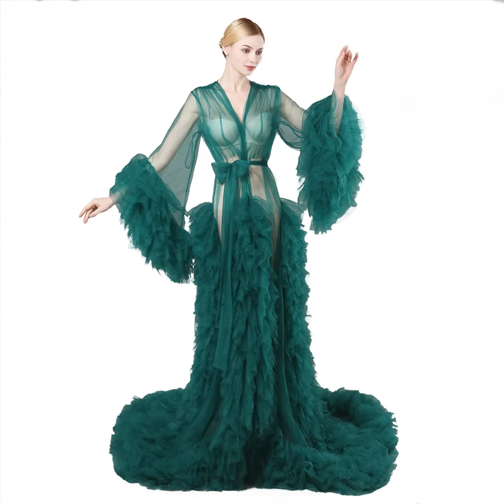 Emerald Green Suknie Wieczorowe 2021 Długie Rękawy Ruffles Tulle Koronki Kobiety Cape Macierzyści Formalne Suknie Wieczorowe Moda