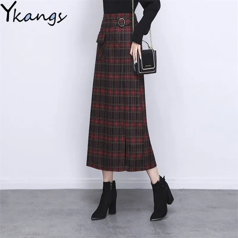 Vintage Hohe Taille Plaid Rock Frauen Winter Warme Wolle Lange Bleistift Weibliche Koreanische Stil Elegante Damen Büro Midi 210421