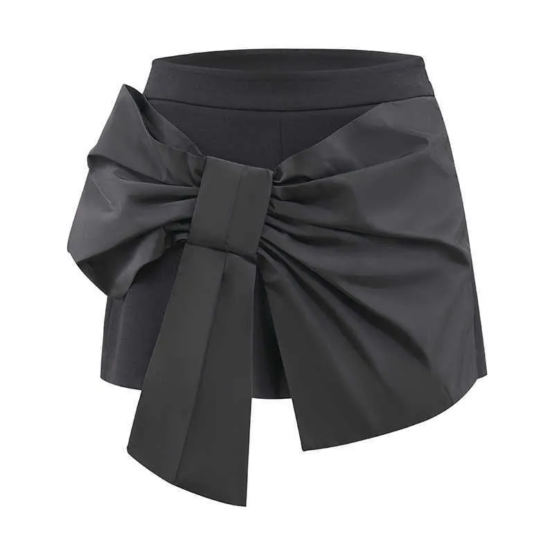 Vår sommar hög midja båge solid brett ben shorts casual all match smal byxor svart kjol 210615