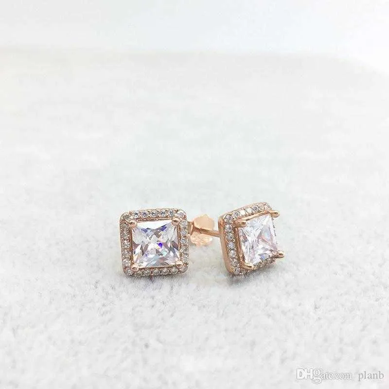 Rose gold plated CZ Diamond EARRING for Pandora Clear Square Sparkle Halo Stud Earrings 925 Sterling Silver earrings sets with Original box