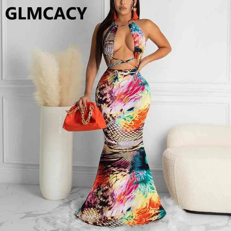 Sleeveless Fish Scale Printed Mermaid Dress Elegant Eveninbg Party Maxi Dresses 210702