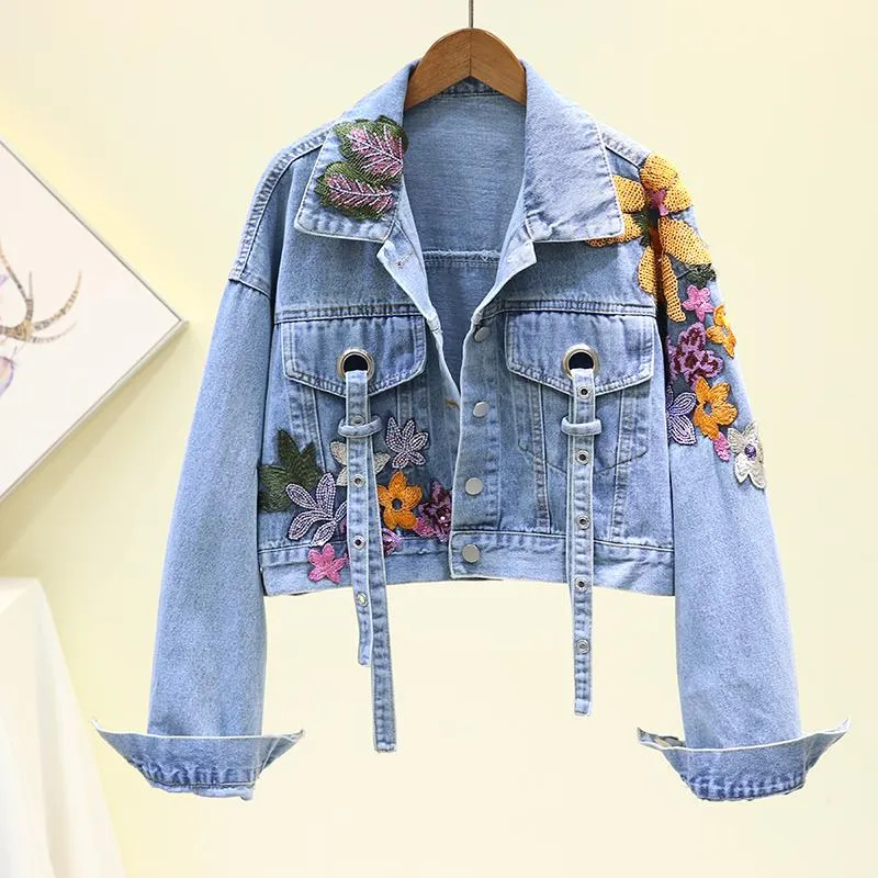 24Women's Jackets Spring Denim Jacket Women Fashion Flowers Embroidery Sequins Short Jeans Vintage Loose Streetwear