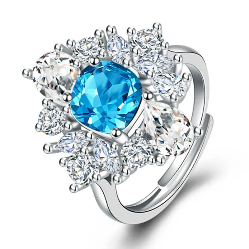 Anéis femininos joias de cristal novo zircão irregular cavalo olho gota anel de diamante aberto cluster azul para estilos de banda feminina